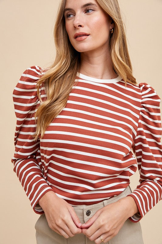 Annie Wear Striped Round Neck Puff Sleeve French Terry Top