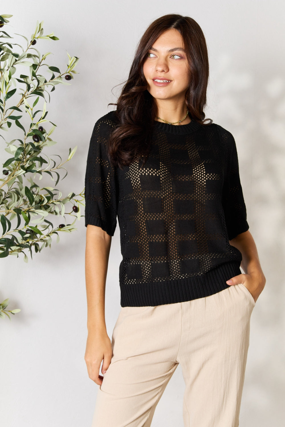 Ribbed Trim Round Neck Knit Top *