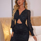 Glitter Cutout Twisted V-Neck Lantern Sleeve Mini Dress