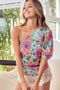 BiBi Floral Puff Sleeve One Shoulder Top - Brand BiBi *