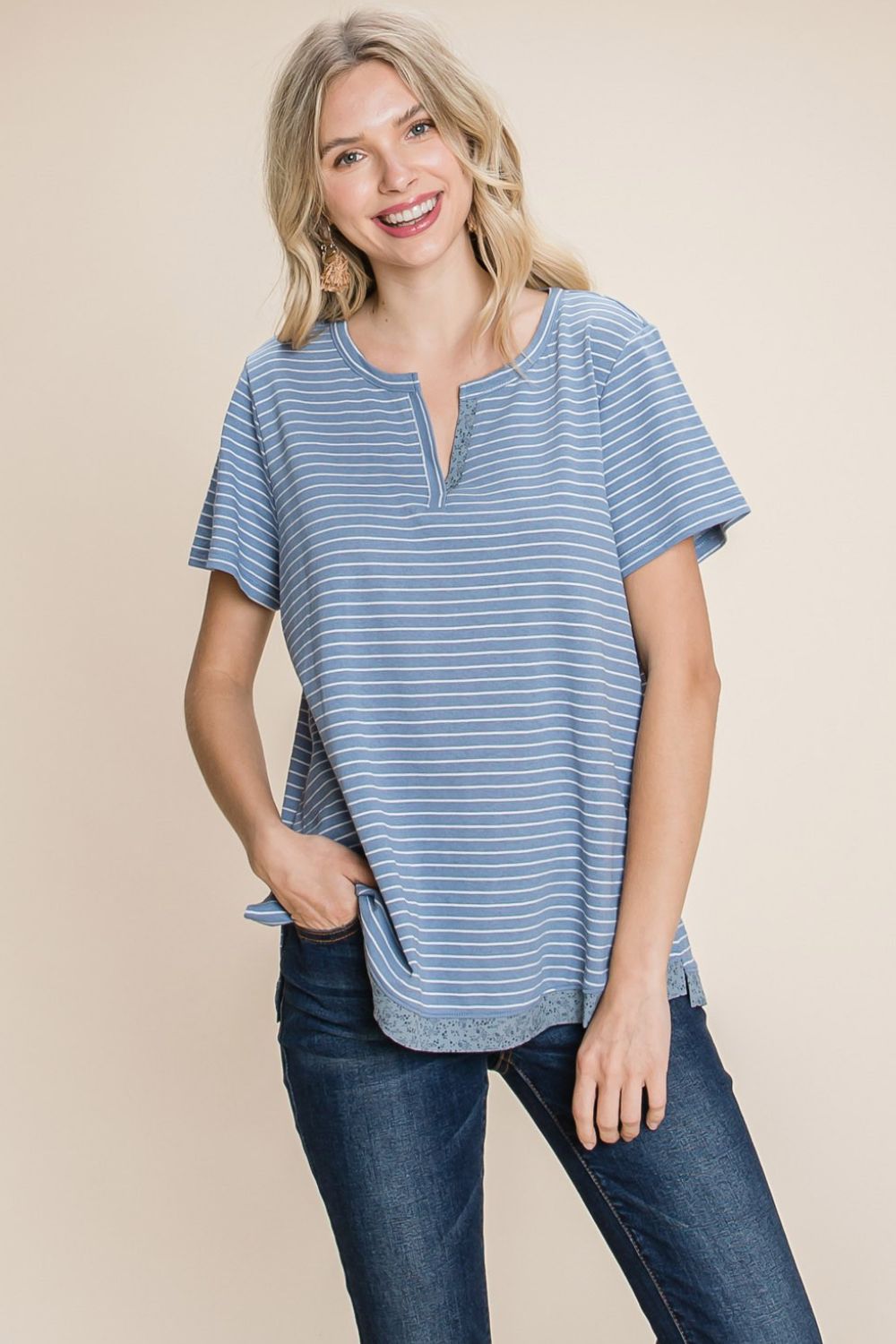 Cotton Bleu by Nu Lab Slit Striped Notched Short Sleeve T-Shirt *