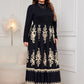 Plus Size Printed Mock Neck Black Long Sleeve Dress