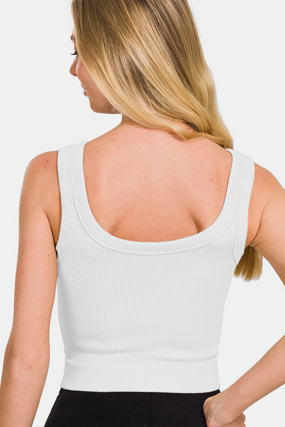 Zenana Ribbed White Round Neck Cropped Tank