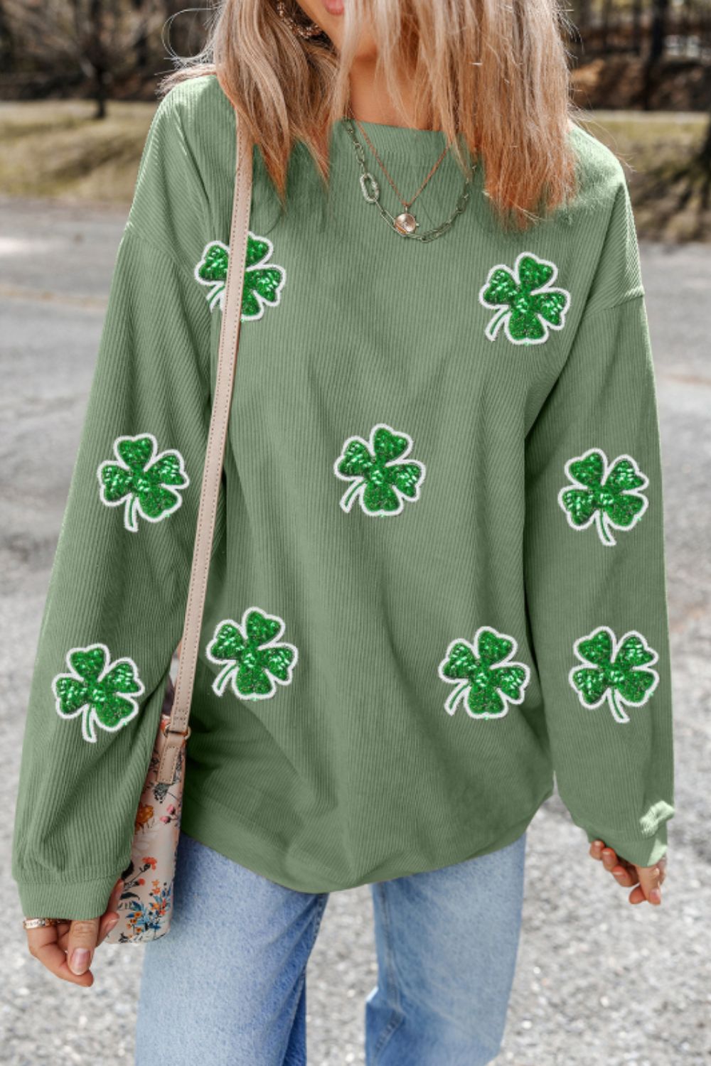 Sequin Lucky Clover Matcha Green Round Neck Long Sleeve Sweatshirt