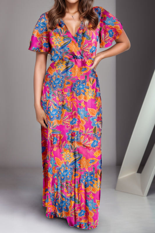 Sarah Opaque Printed Surplice Short Sleeve Maxi Dress