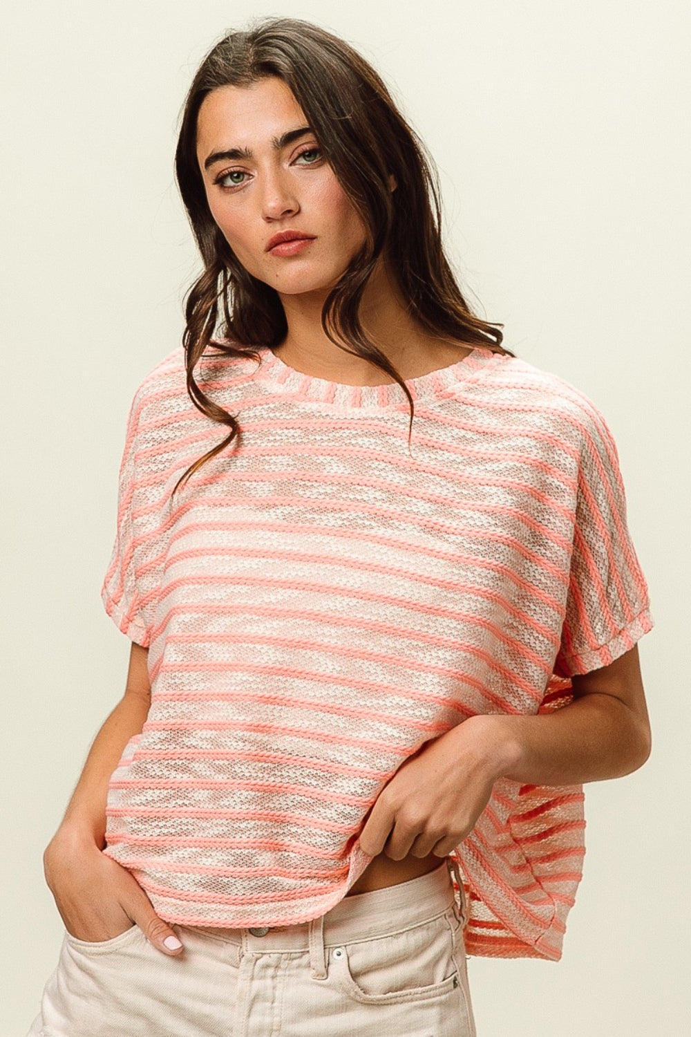 BiBi Braid Striped Short Sleeve Round Neck T-Shirt *
