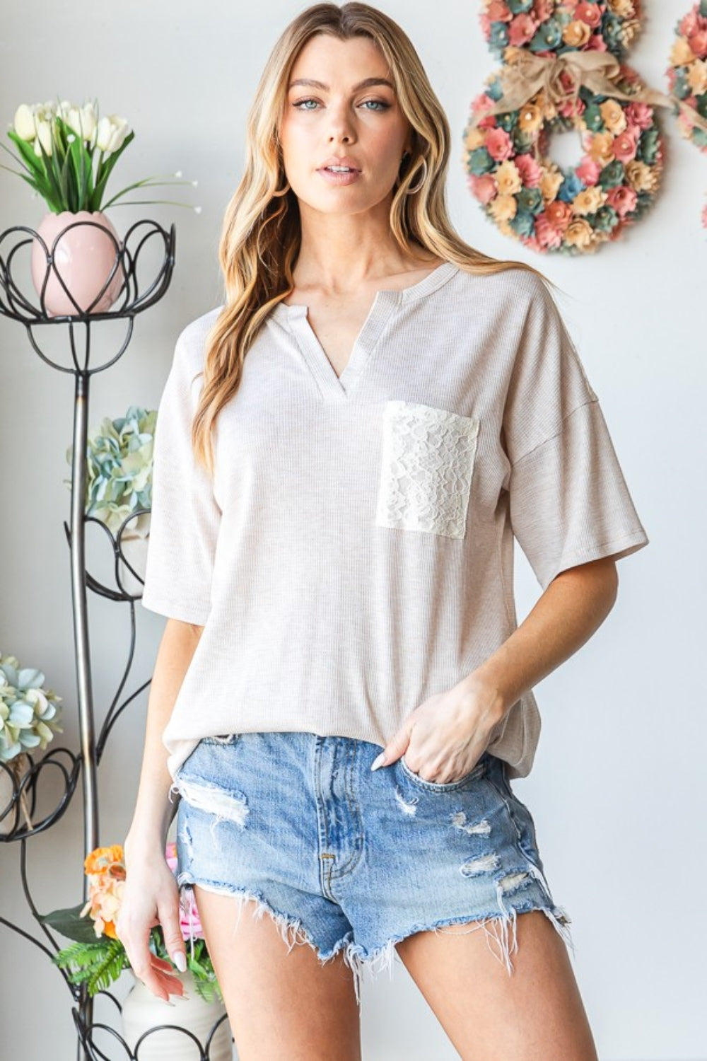 Heimish Full Size Lace Front Pocket Drop Shoulder Top *