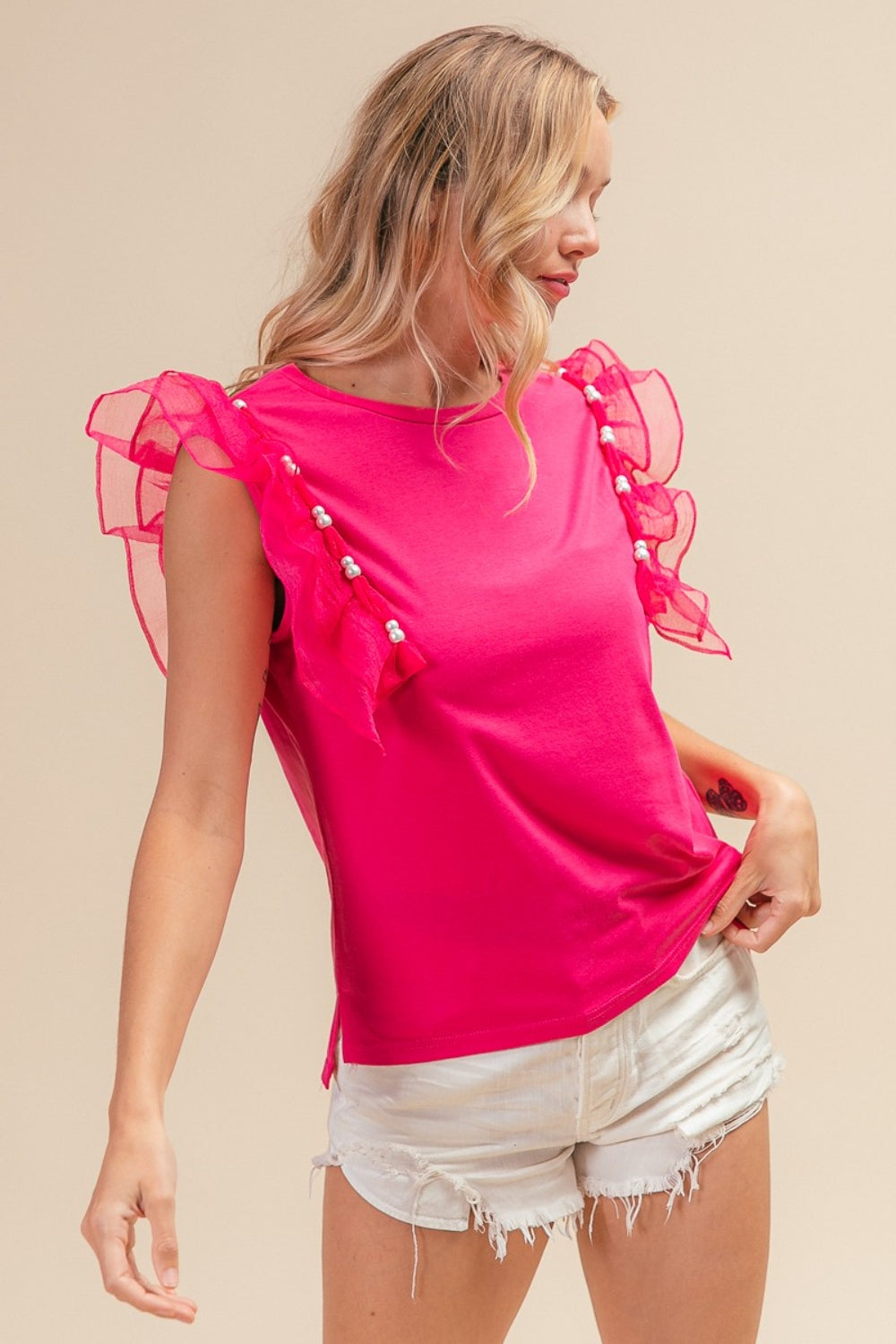 BiBi Pearl Decor Mesh Ruffle Sleeve Top - Brand BiBi