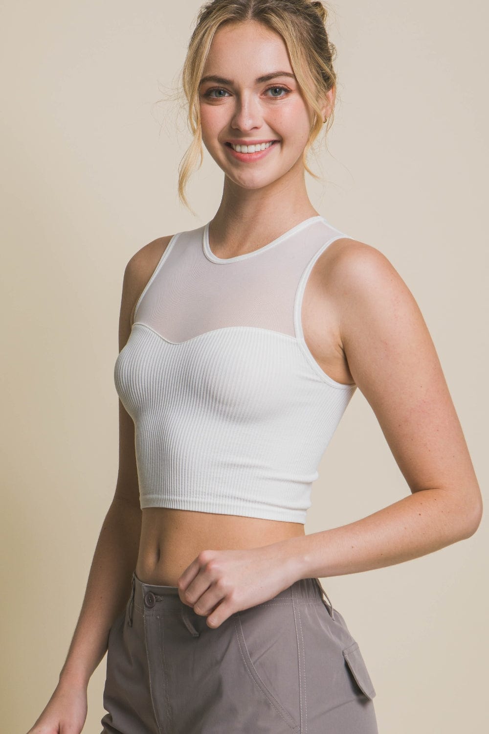 Love Tree Round Neck Ribbed Cropped Mesh Tank *