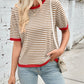 Lovelet Striped Contrast Round Neck Half Sleeve Knit Top