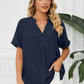 Full Size Side Slit Notched Neck Cuffed Short Sleeve Blouse