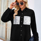 Raw Hem Button Up Long Sleeve Denim Jacket with Sequin Pockets