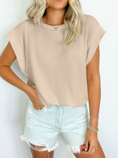 Full Size Textured Round Neck Cap Sleeve Blouse