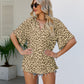 Leopard Notched Half Sleeve Blouse