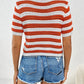 Openwork Striped Round Neck Short Sleeve Knit Top