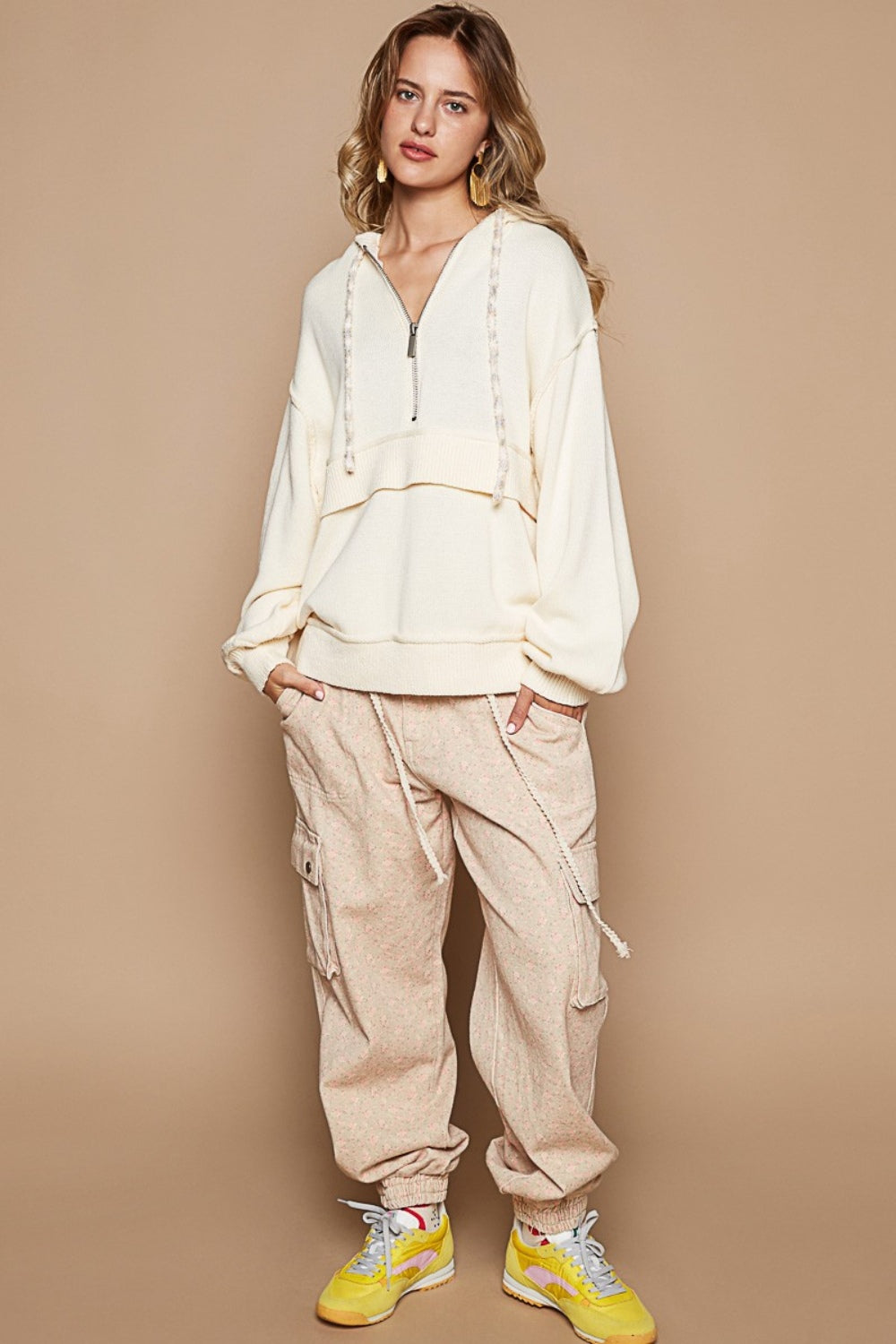 POL Half Zip Drop Shoulder Hooded Sweater *
