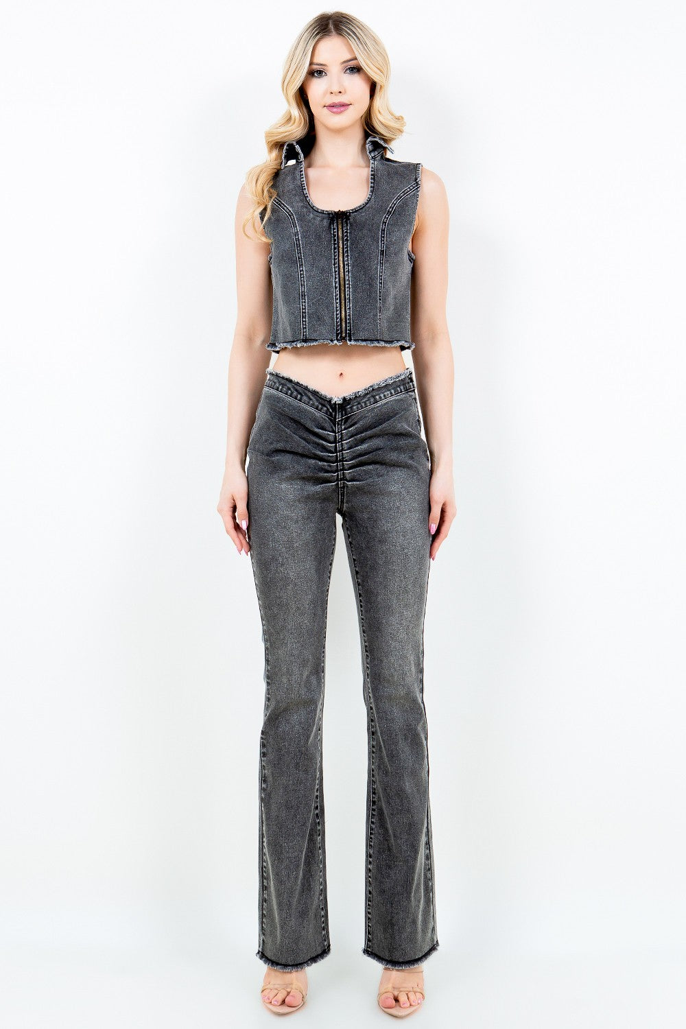 American Bazi Zip Up Washed Crop Denim Vest *