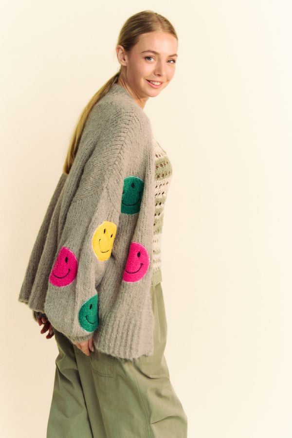 Davi & Dani Fuzzy Smile Open Front Long Sleeve Cardigan