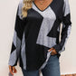 Color Block V-Neck Long Sleeve T-Shirt