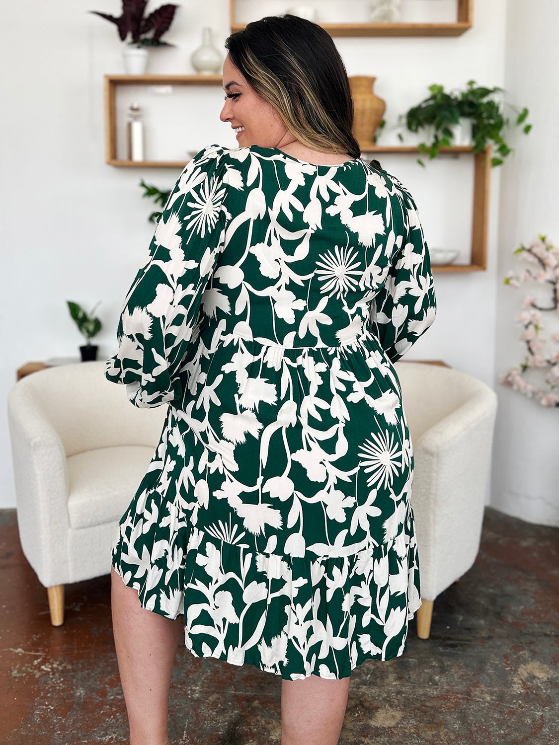 Double Take Full Size Printed Ruffle Hem Long Sleeve Dress