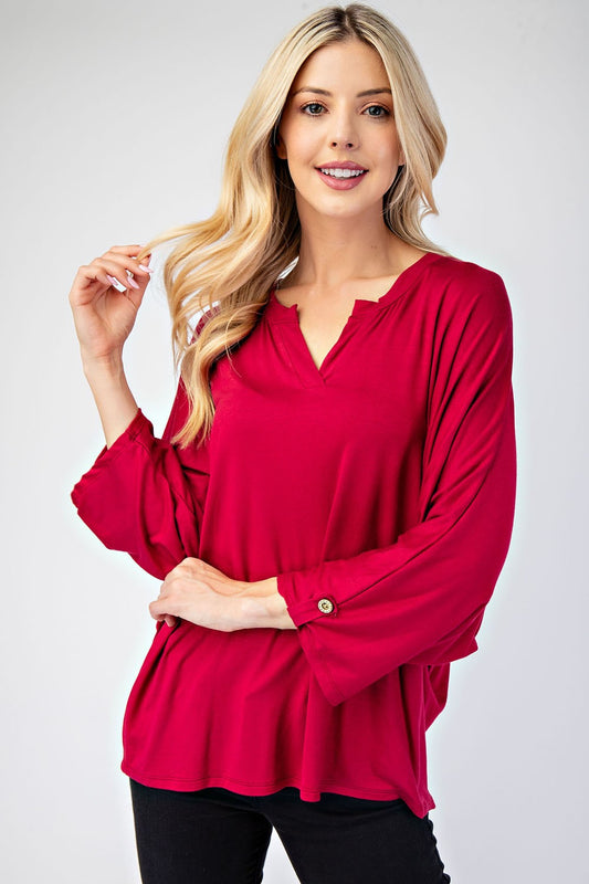 Celeste Full Size Notched Three-Quarter Sleeve Blouse