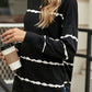 Slit Contrast Striped Round Neck Long Sleeve T-Shirt