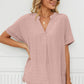 Full Size Side Slit Notched Neck Cuffed Short Sleeve Blouse