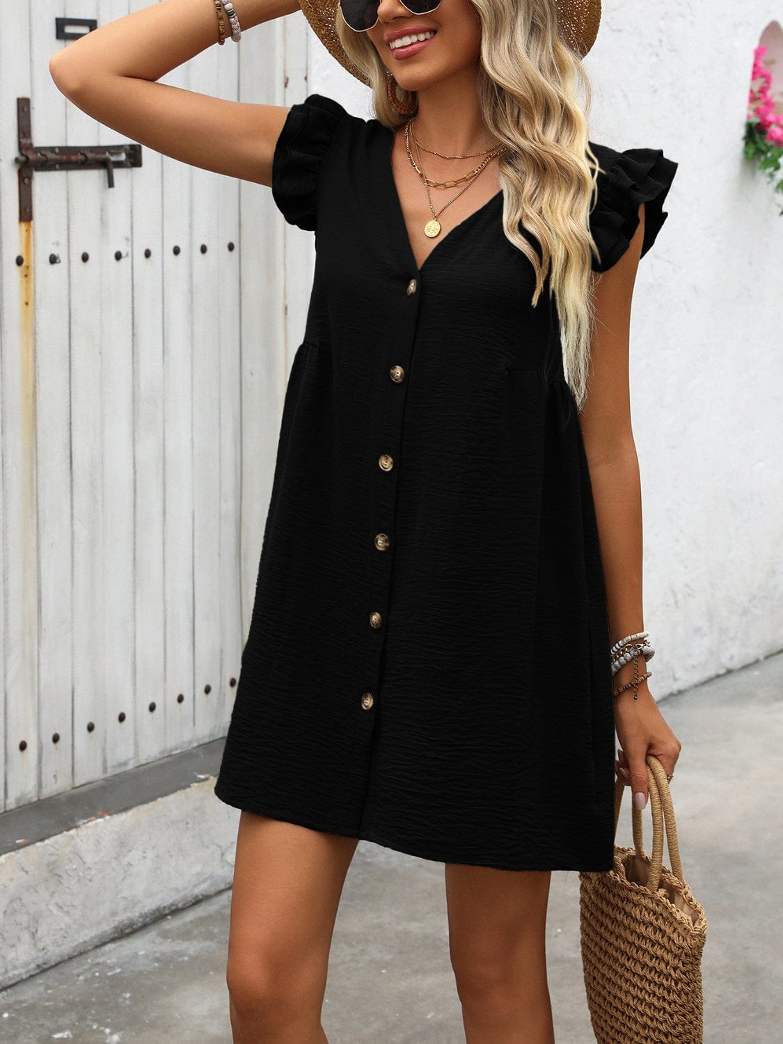 Full Size Button Up V-Neck Cap Sleeve Mini Dress