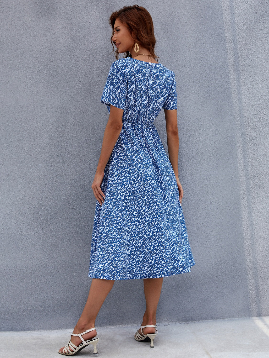 Printed Round Neck Short Sleeve Midi Dress