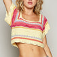 POL Openwork Ethnic Pattern Square Neck Cropped Knit Top