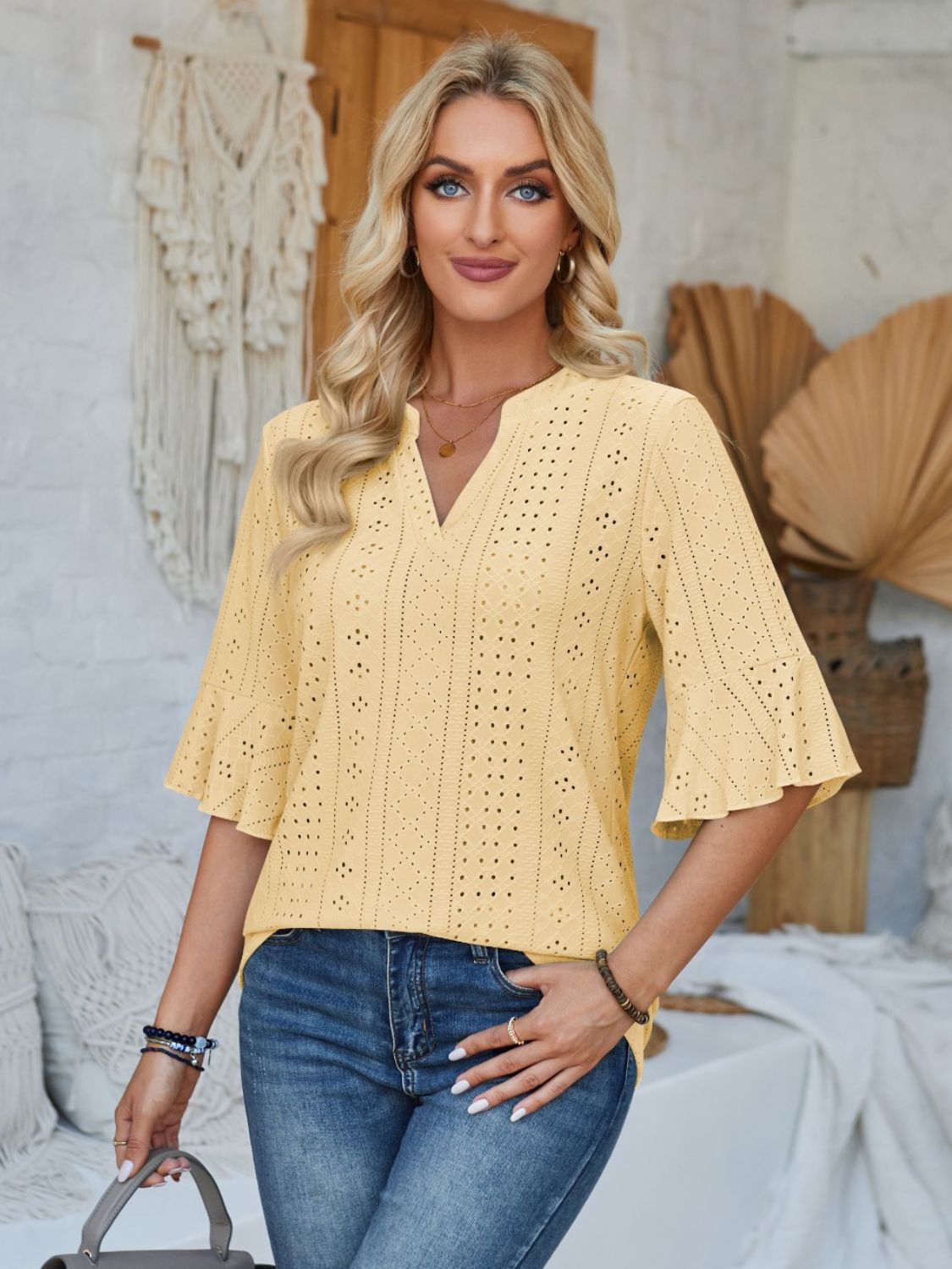 Eyelet Notched Half Sleeve T-Shirt