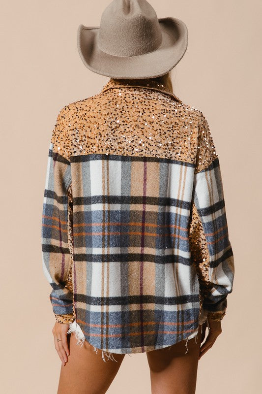 BiBi Curved Hem Sequin Plaid Button Up Shacket - Brand BiBi