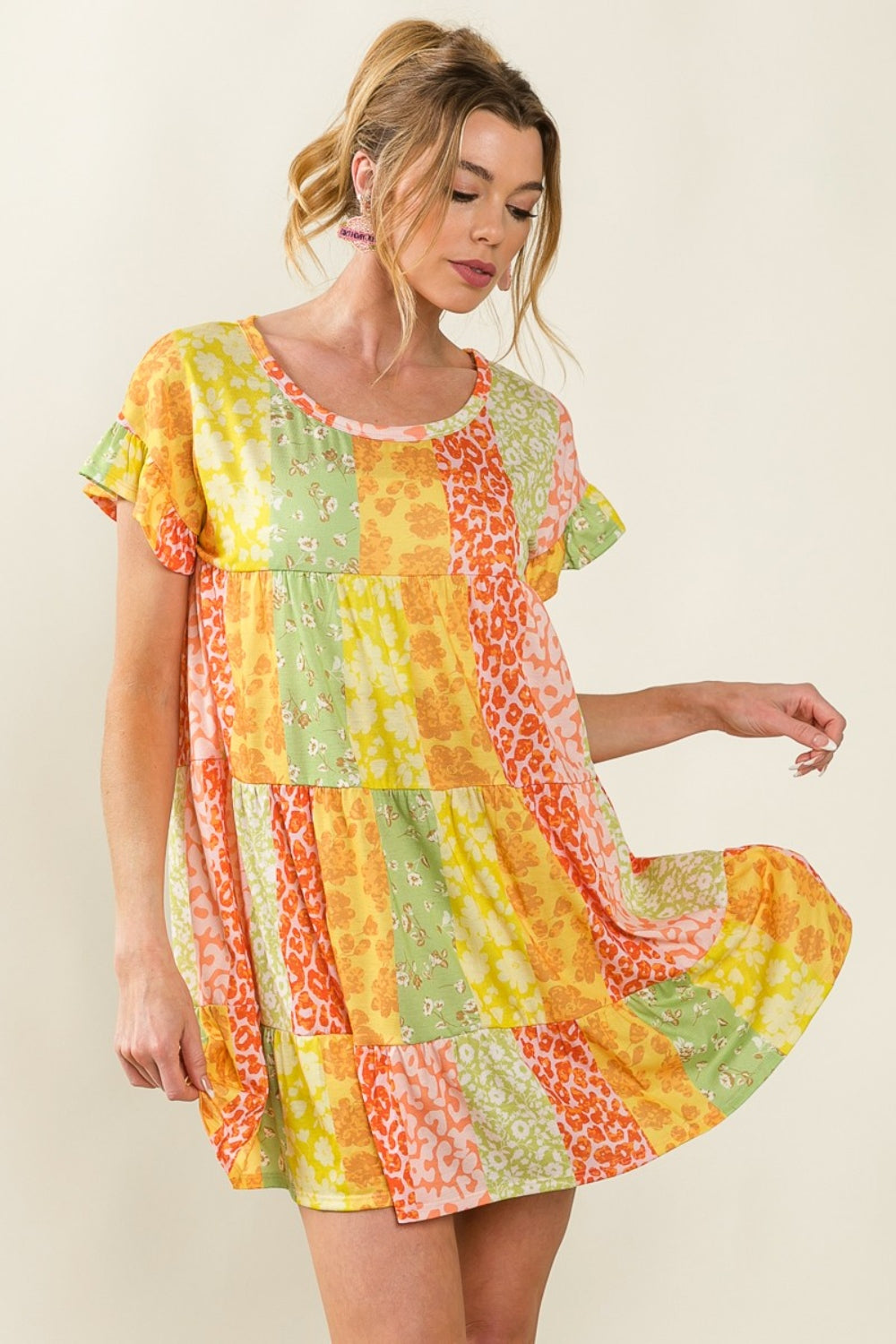 BiBi Leopard Short Sleeve Tiered Dress *