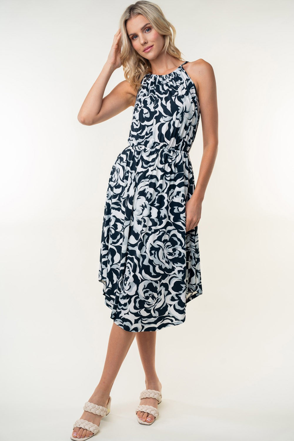 White Birch Tied Ruched Floral Sleeveless Knee Length Dress *
