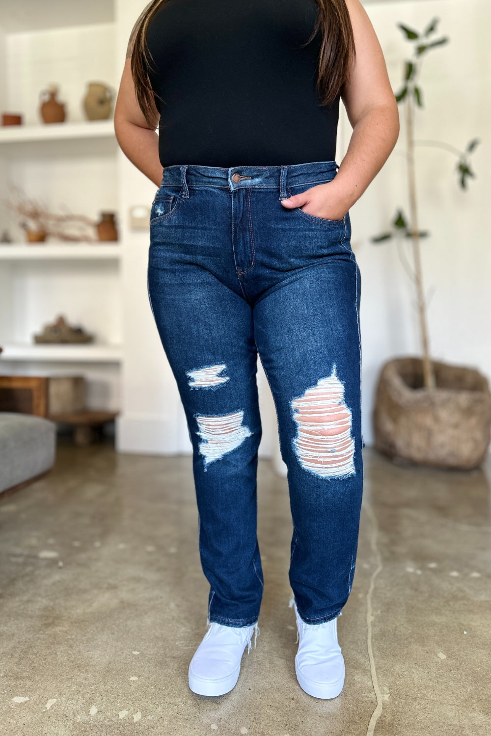 Judy Blue Full Size High Waist Rigid Magic Heavy Destroy Straight Jeans *