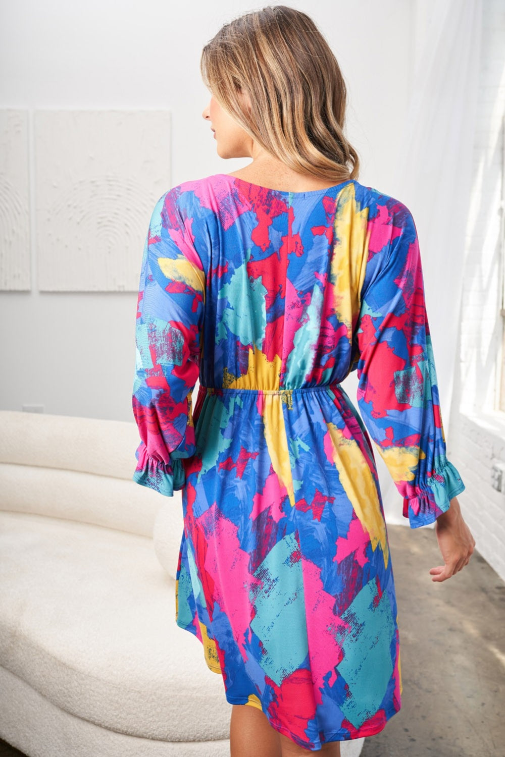 White Birch Full Size Printed V-Neck Mini Dress *