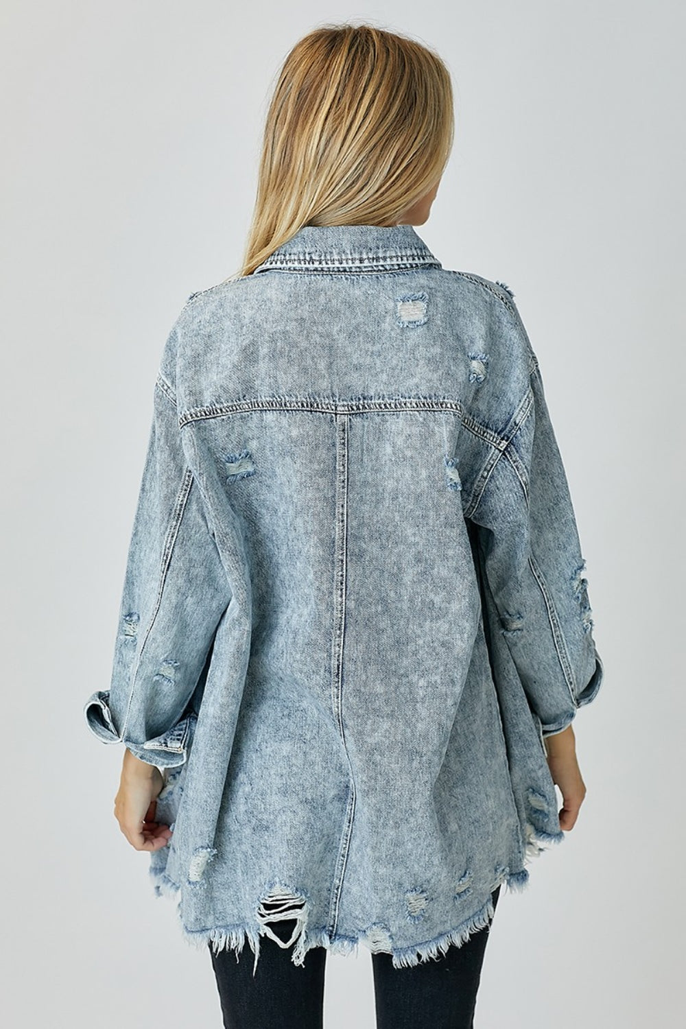RISEN Distressed Raw Hem Denim Long Sleeve Shirt