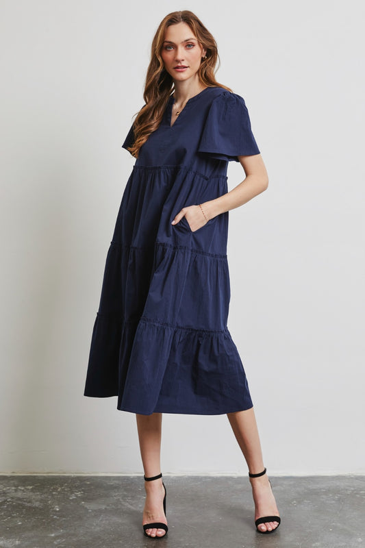 HEYSON Full Size Navy Blue Cotton Poplin Ruffled Tiered Midi Dress