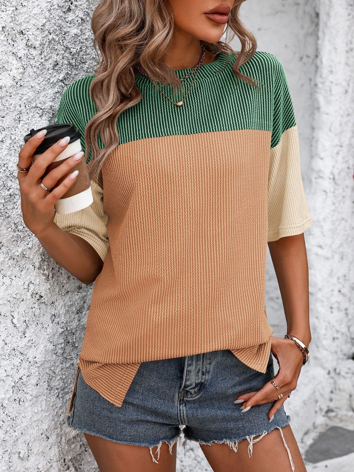 Full Size Color Block Round Neck Half Sleeve T-Shirt