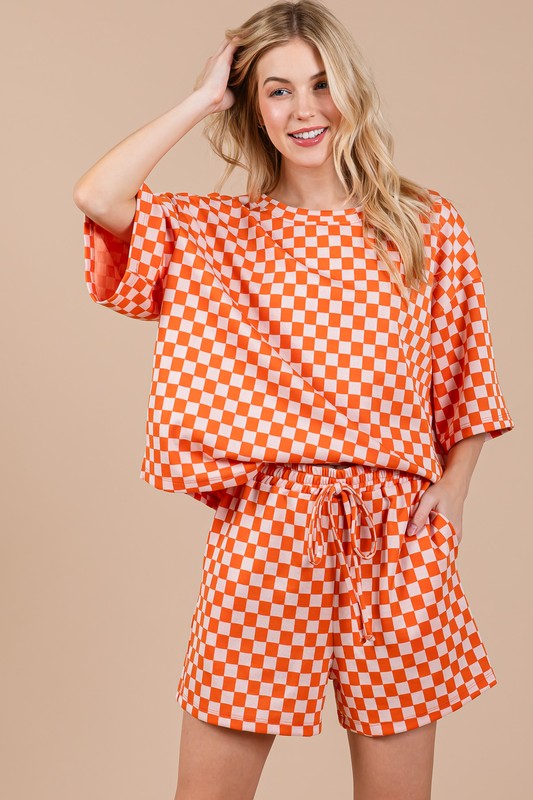 Ces Femme Checkered Round Neck Top and Shorts Set