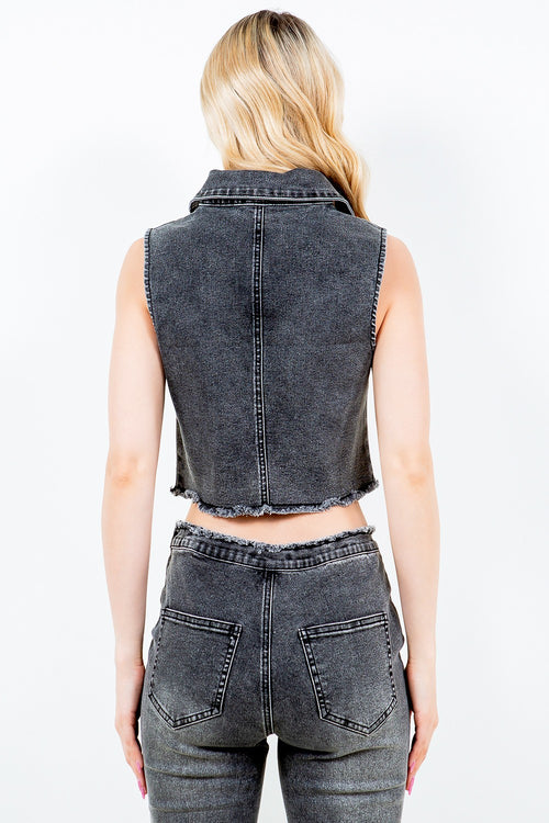 American Bazi Zip Up Washed Crop Denim Vest *