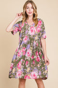 BOMBOM Flower Print V-Neck Ruched Dress *
