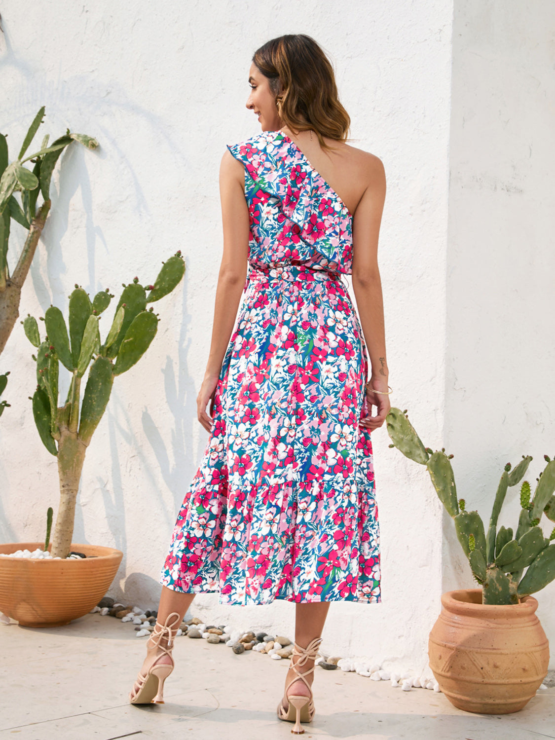 FULL SIZE Ruffled Printed One Shoulder Midi Dress