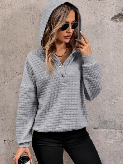Waffle-Knit Half Button Hoodie