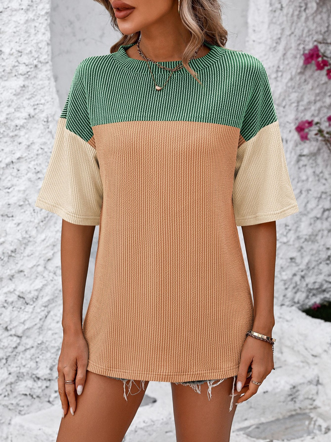 Full Size Color Block Round Neck Half Sleeve T-Shirt