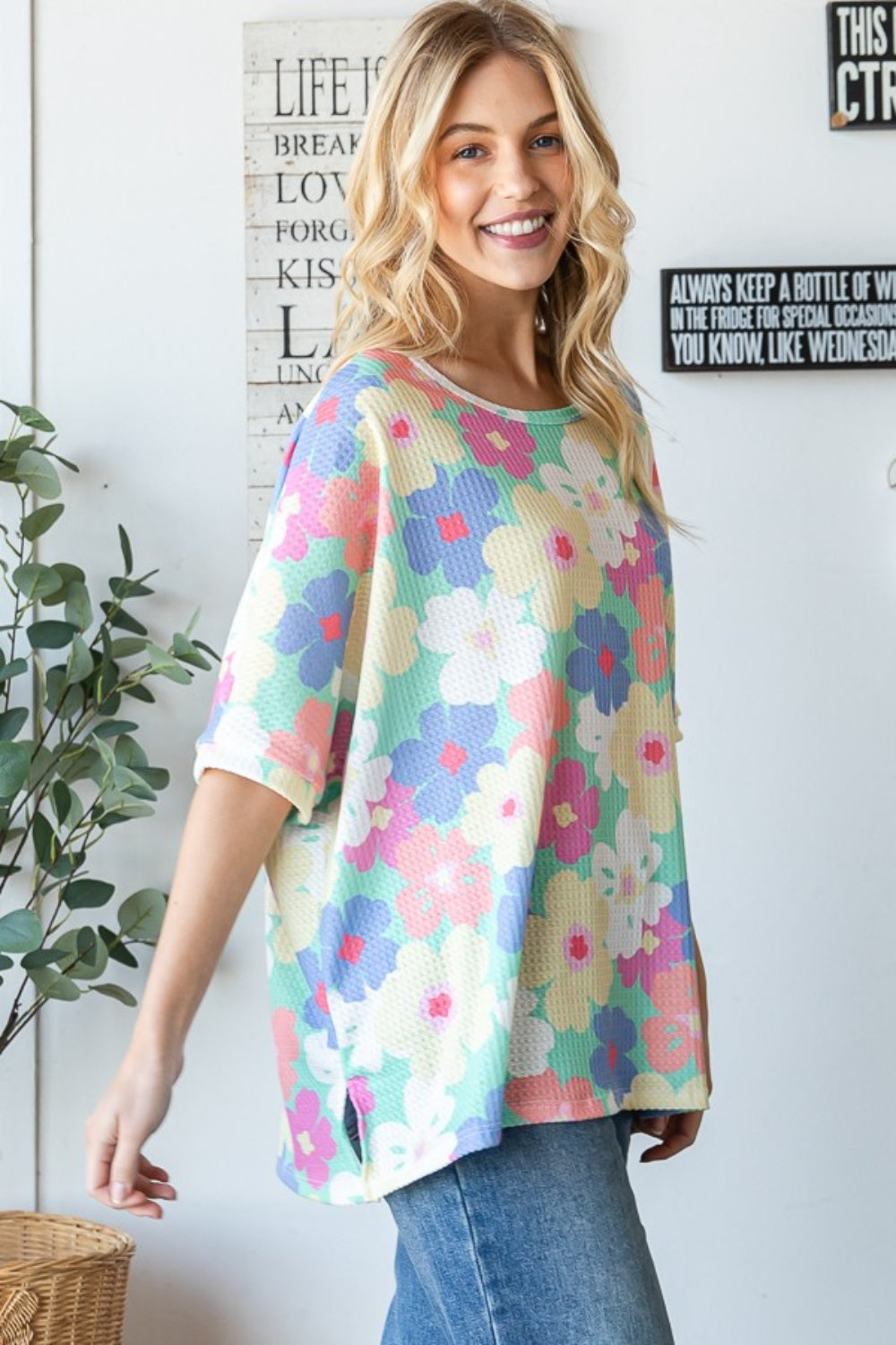 HOPELY Floral Waffle Oversized T-Shirt *