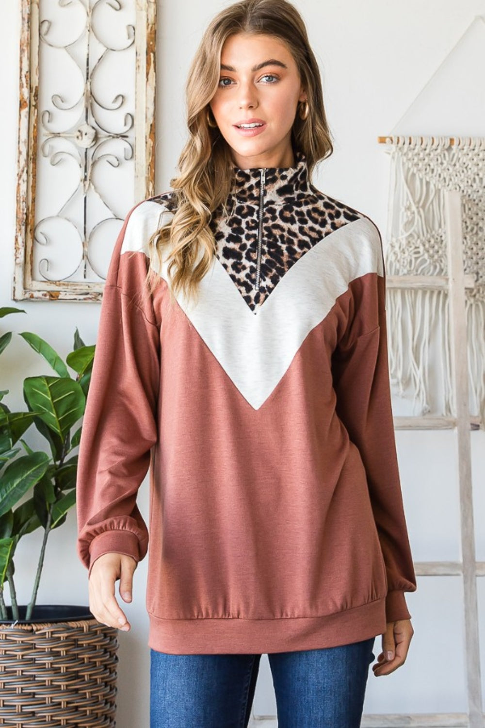 Heimish Full Size Leopard Quarter Zip Mock Neck Sweatshirt *