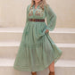 Plus Size Tassel Printed Tie Neck Long Sleeve Midi Dress