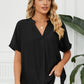 Full Size Side Slit Notched Neck Cuffed Short Sleeve Blouse
