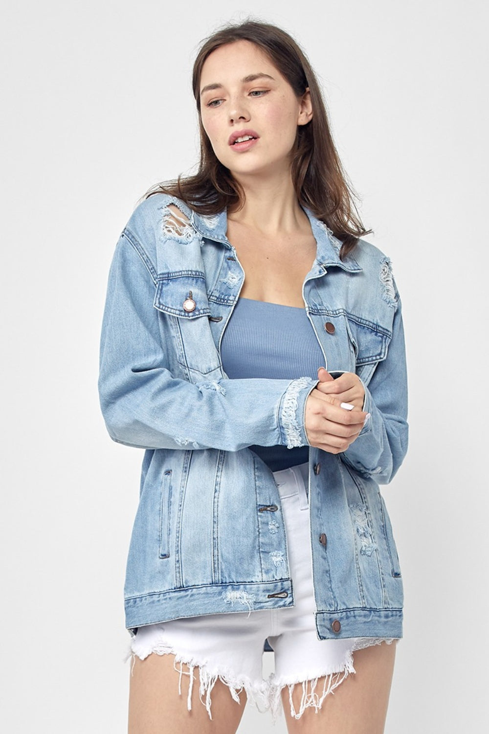 RISEN Full Size Distressed Long Sleeve Denim Jacket *